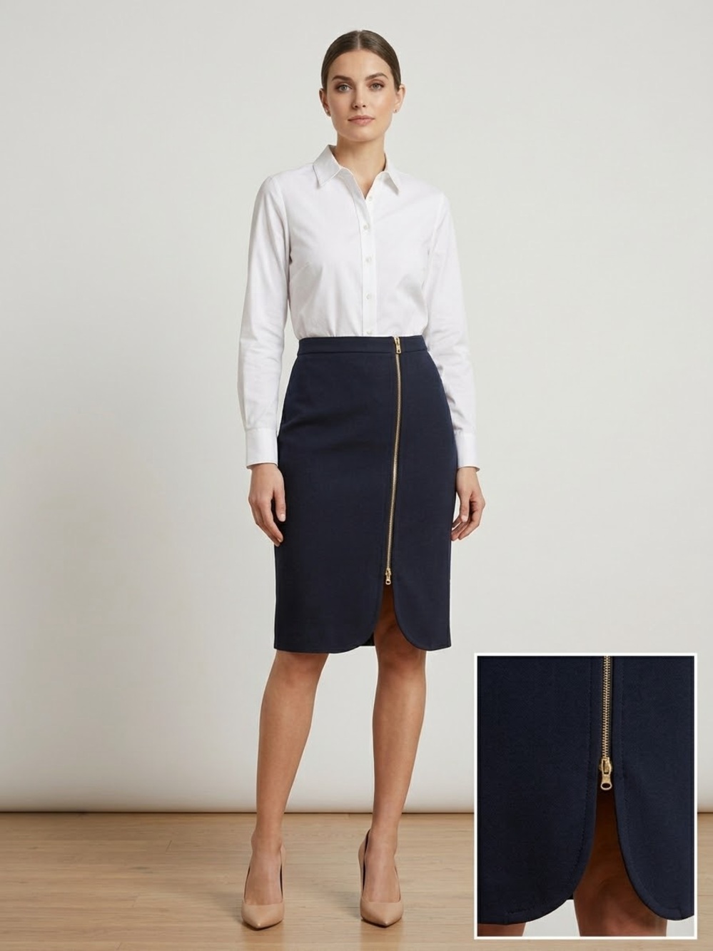 J. Crew Navy Pencil Skirt with Gold Center Zip